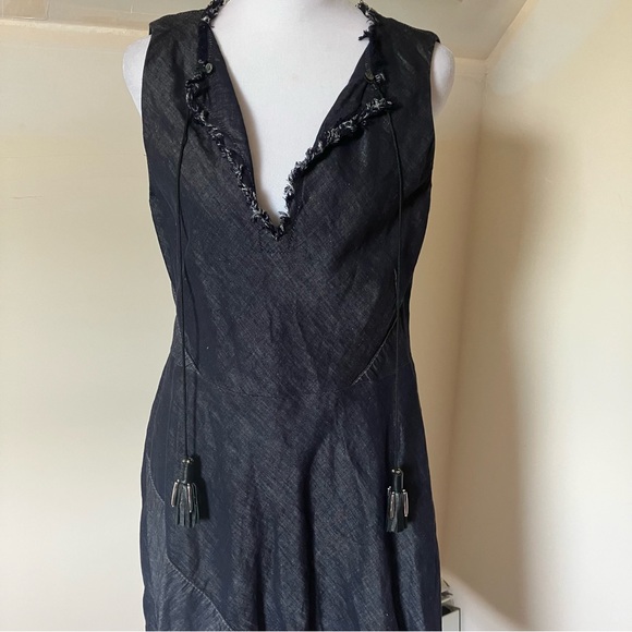 Dorothee Schumacher Denim Blue Linen/Cotton Raw Hem Patchwork Midi Dress size 3 - Picture 4 of 11